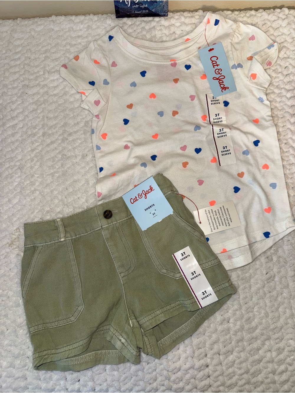 Cat & Jack Girls' White Heart Print Short Sleeve Tee with green shorts - 3T